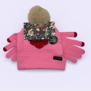 Ed Hardy Beanie & Touch Fingers Gloves Set Pink Love Kills Slowly NWT